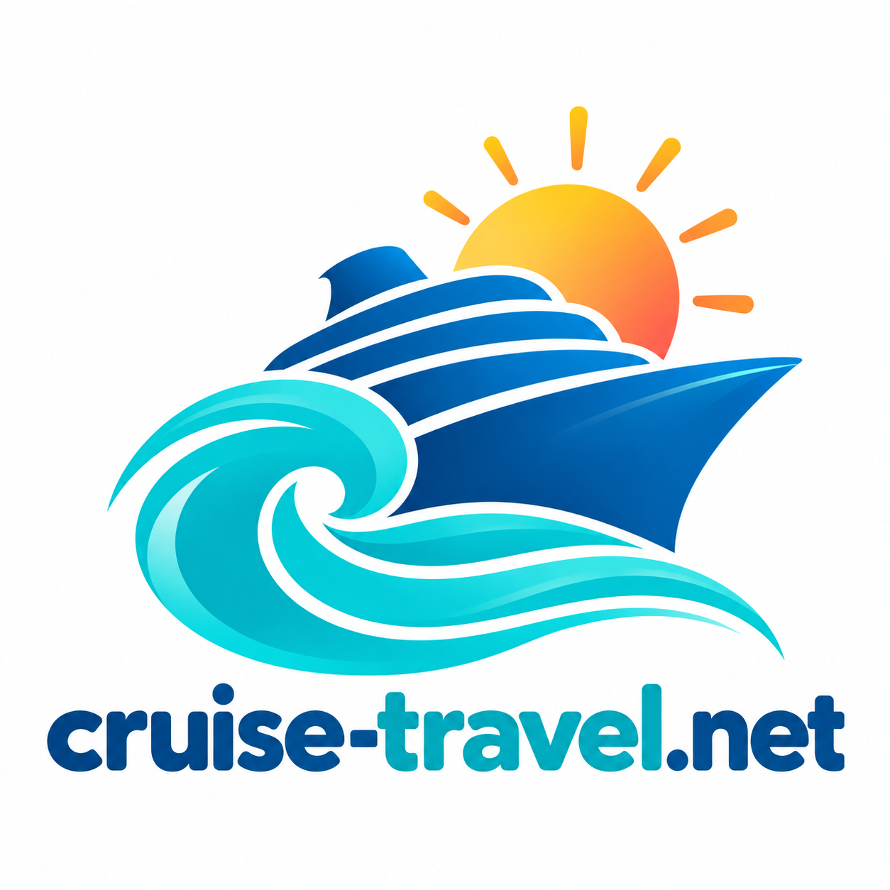 Cruise-travel.net: a blue cruise ship, turquoise waves, and a bright golden sun